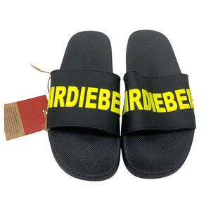 NEW Birdibee Double BB Women's Sz 8 Black Rubber Spellout Slide Pool Sandals NWT